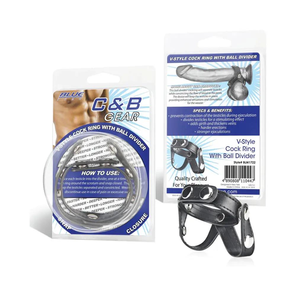 Blue Line C&B Gear V-style Cock Ring with Ball Divider by Electric Eel