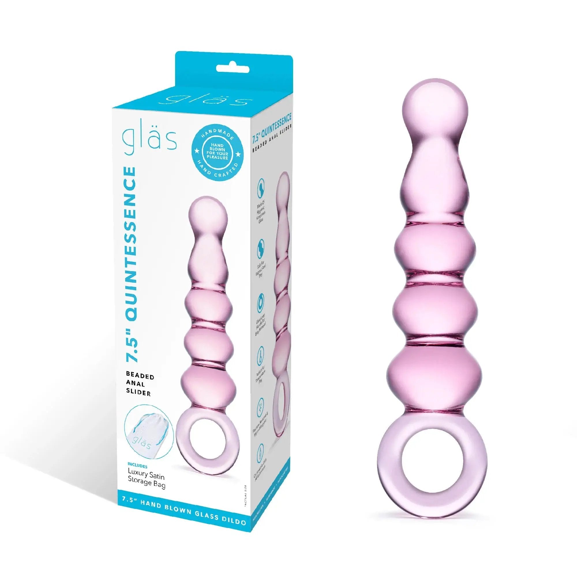 Glas 7.5 in. Quintessence Beaded Anal Slider Glass Dildo with Ring Handle by Electric Eel