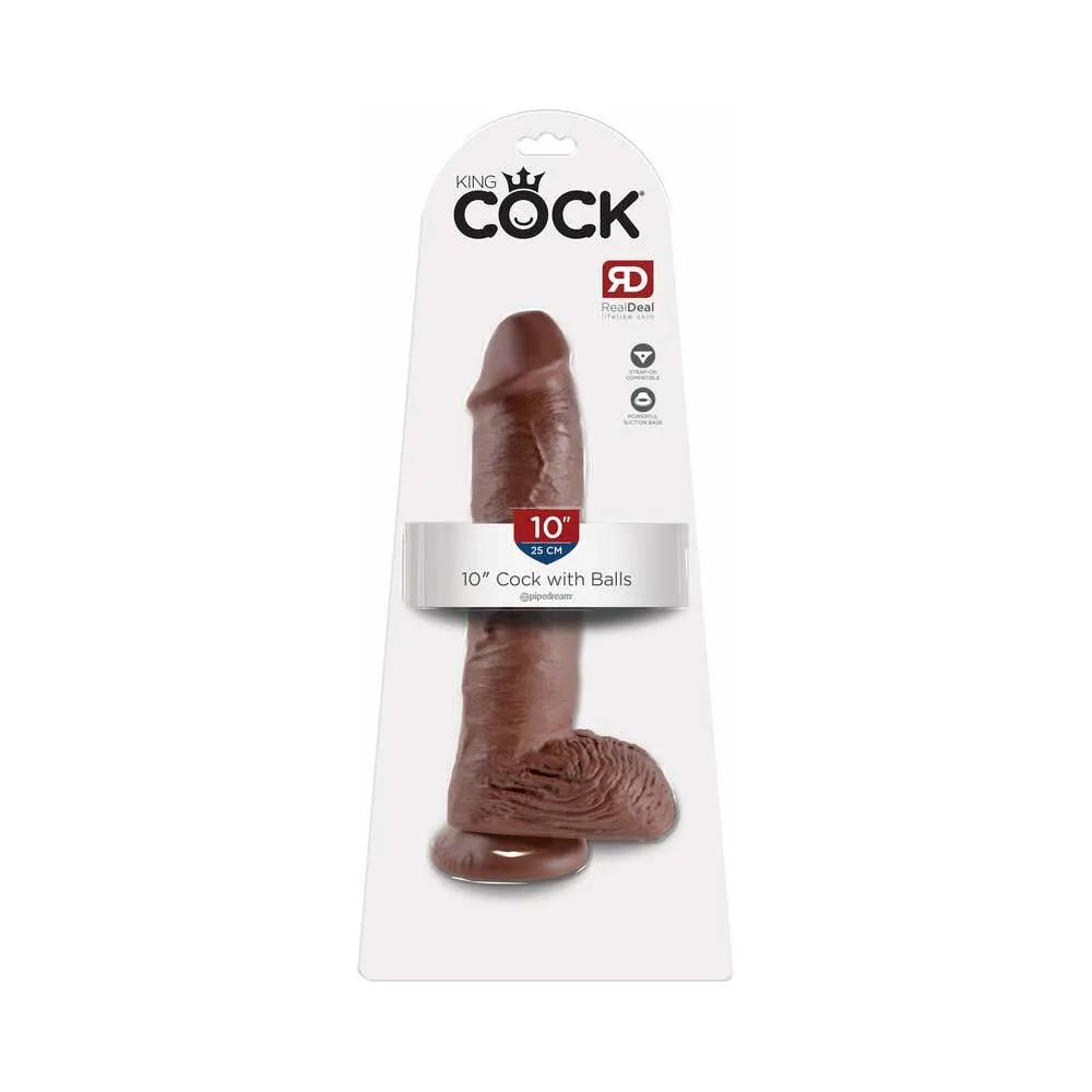 King Cock 10 in. Cock With Balls Realistic Suction Cup Dildo Brown by Pipedream