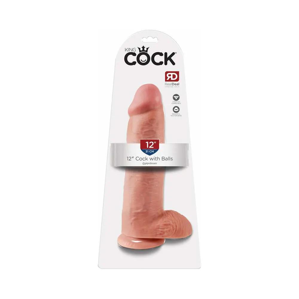 King Cock 12 in. Cock With Balls Realistic Suction Cup Dildo Beige by Pipedream