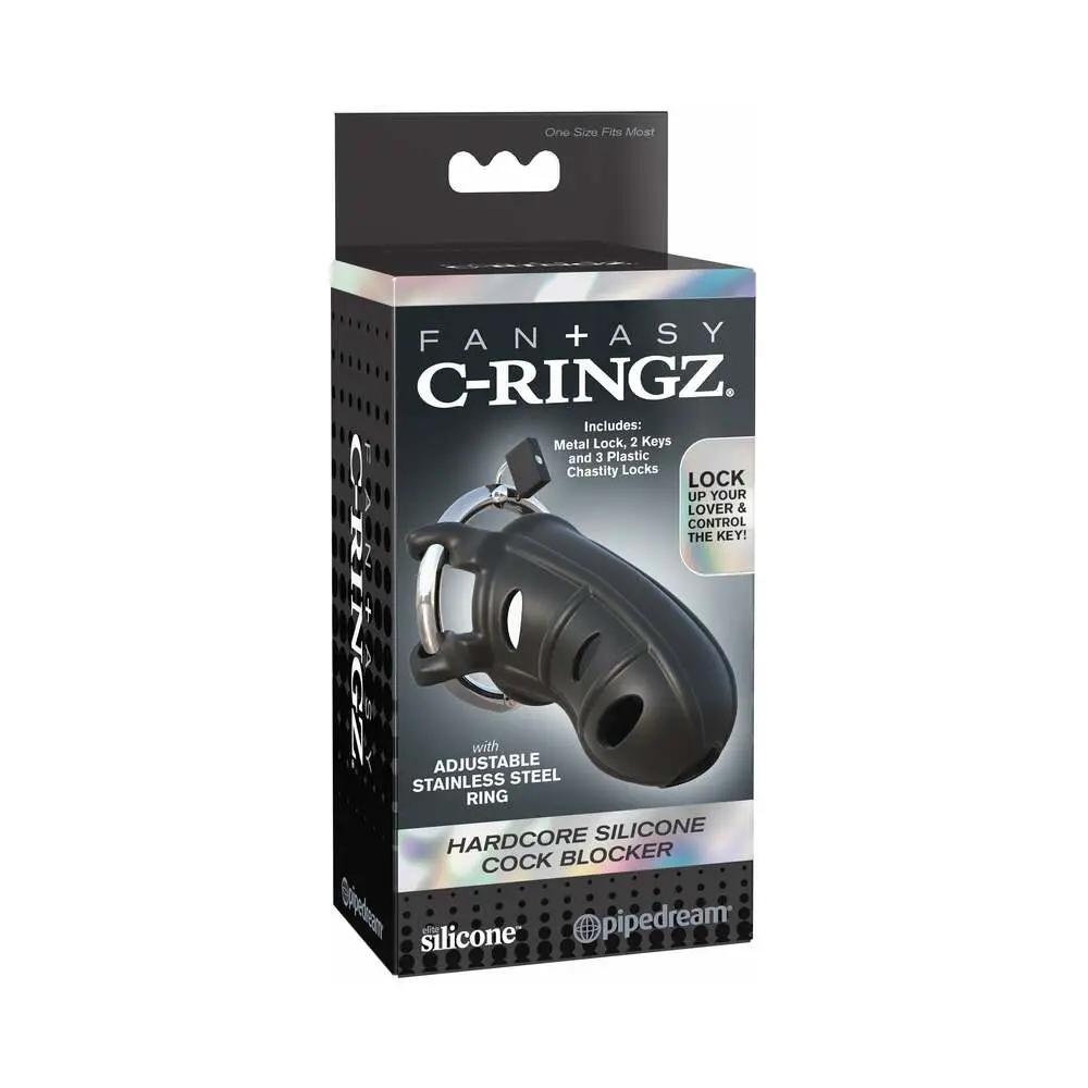 Fantasy C-Ringz Hardcore Silicone Cock Blocker Locking Chastity Cage Black by Pipedream