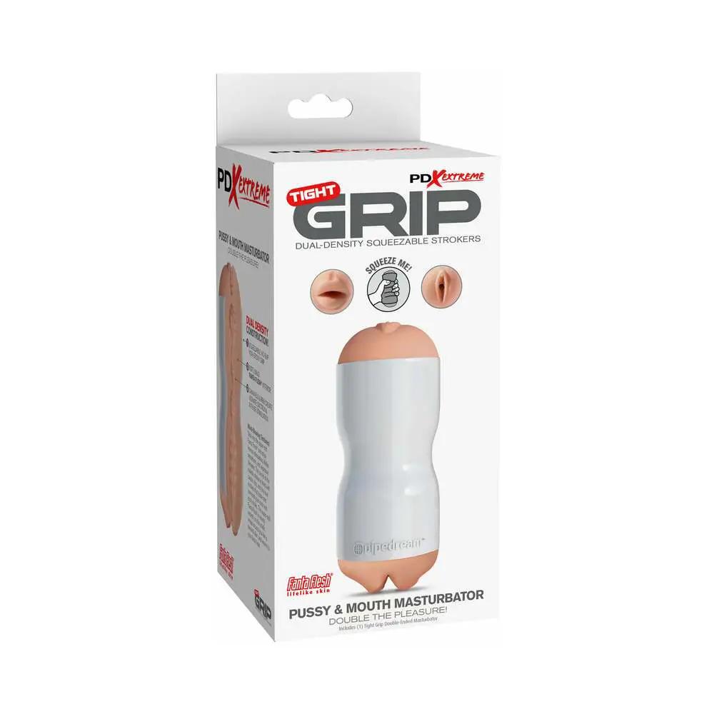 PDX Tight Grip Pussy & Mouth Dual Density Squeezable Masturbator Beige/White by PDX Brands