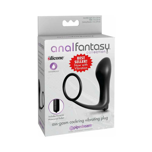Anal Fantasy Collection Silicone Ass-Gasm Vibrating Cockring & Plug Black by Pipedream
