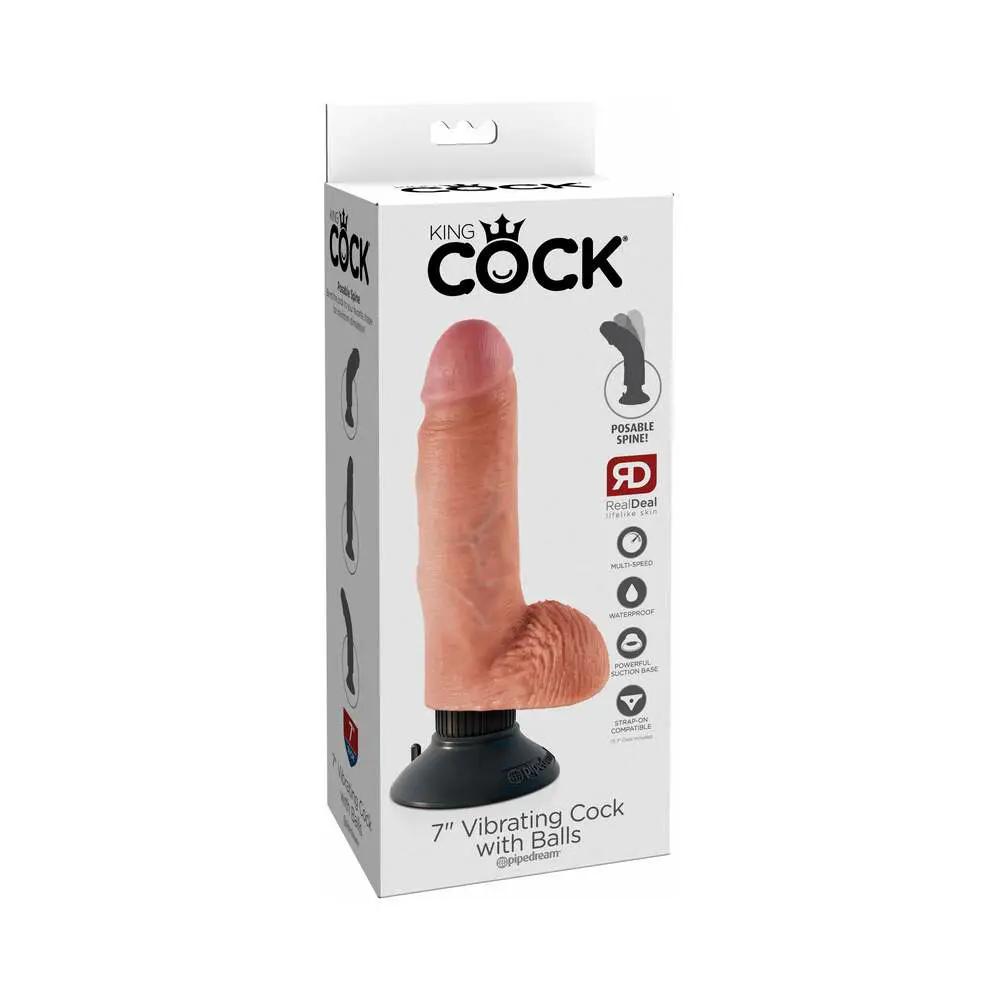 King Cock 7 in. Vibrating Cock With Balls Poseable Suction Cup Dildo Beige by Pipedream