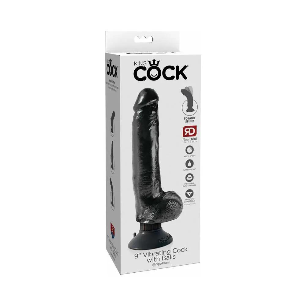 King Cock 9 in. Vibrating Cock With Balls Poseable Suction Cup Dildo Black by Pipedream