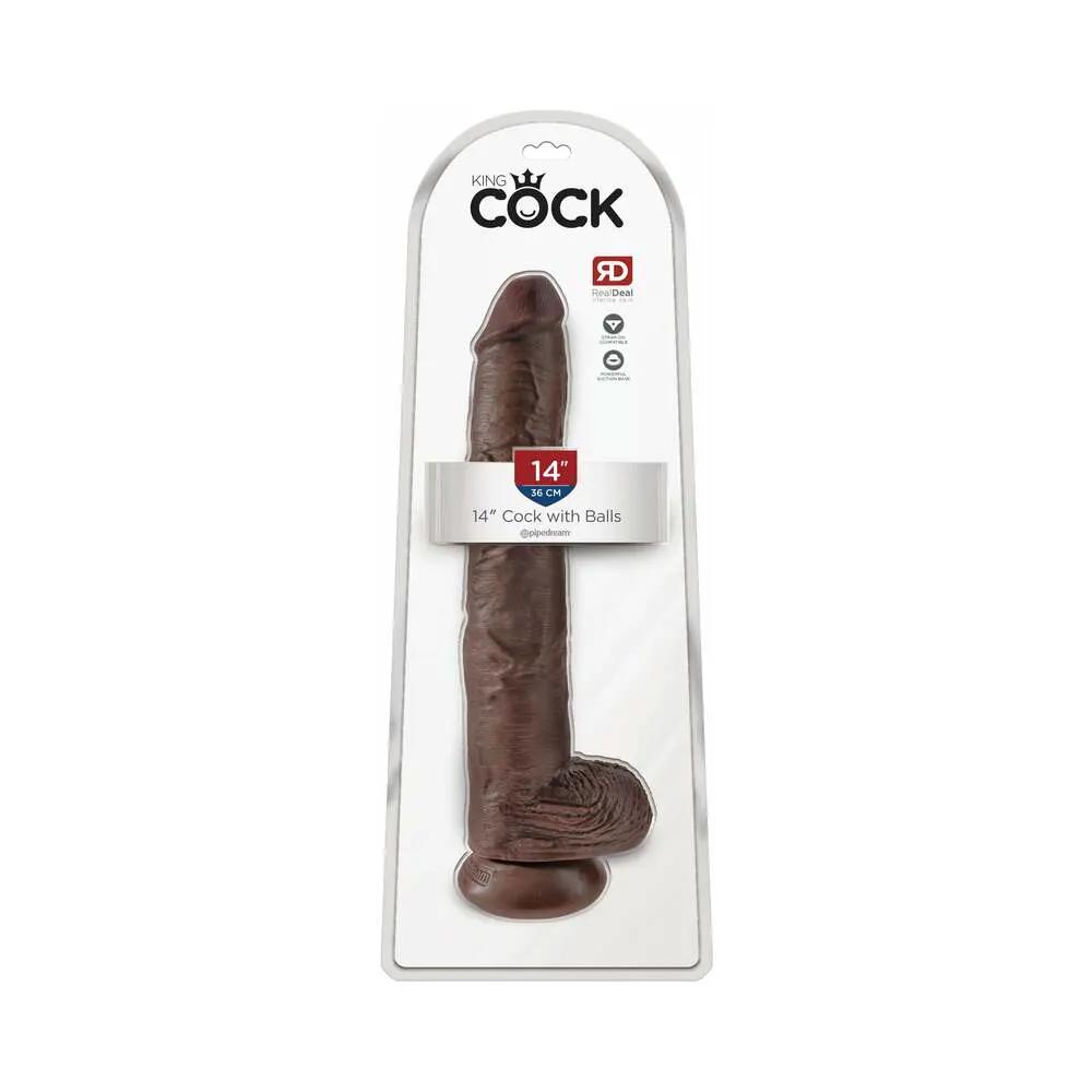 King Cock 14 in. Cock With Balls Realistic Suction Cup Dildo Brown by Pipedream
