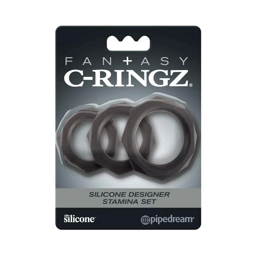 Fantasy C-Ringz Silicone Designer Stamina 3-Piece Cockring Set Black by Pipedream