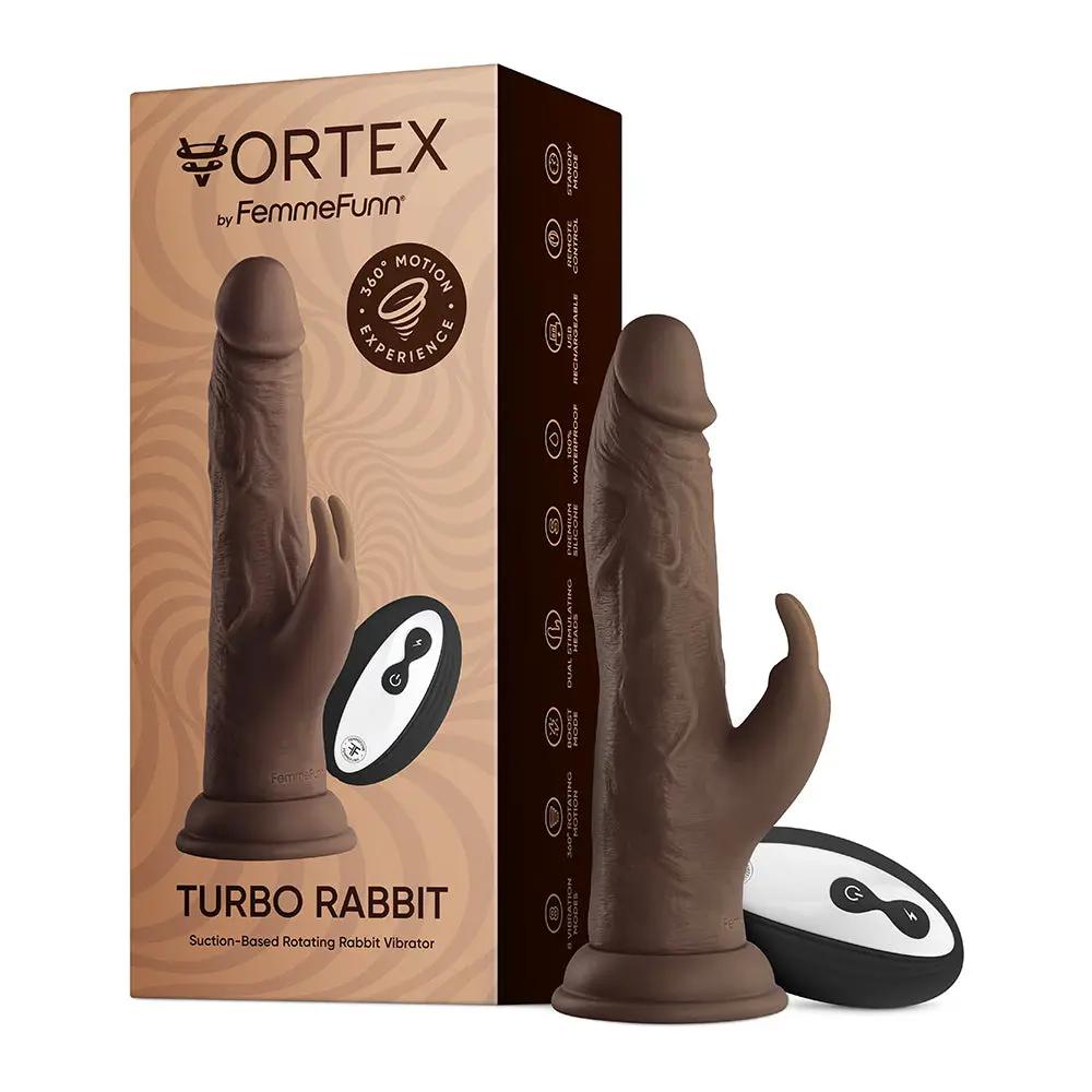 FemmeFunn Vortex Turbo Rabbit 2.0 8 in. Dual Stimulation Vibrating Dildo Brown by FemmeFunn