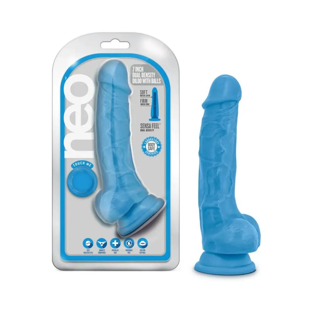 Neo 7.5 in. Dual Density Dildo with Balls Neon Blue by Blush