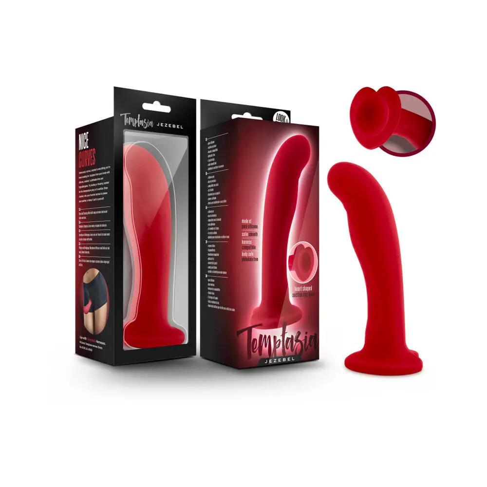 Temptasia Jezebel 6 in. Curved Silicone Dildo with Heart-Shaped Suction Cup Crimson by Blush