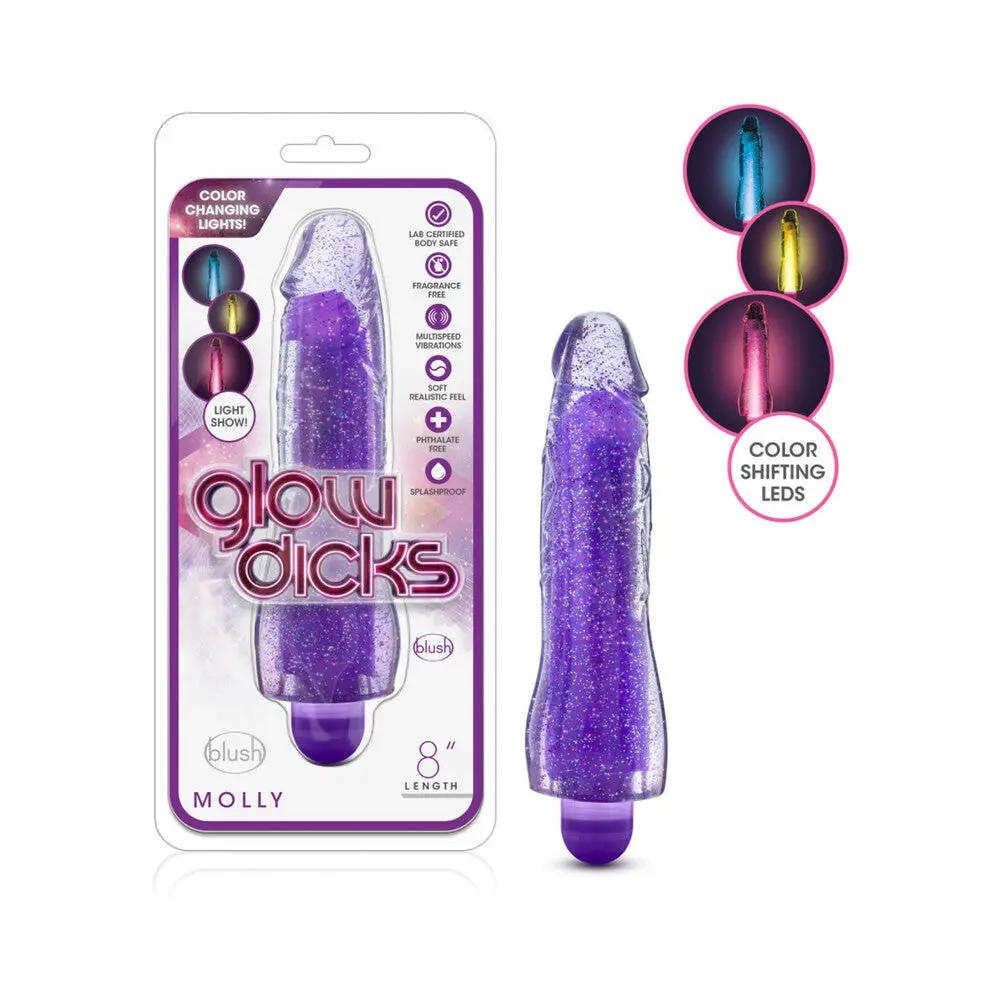Glow Dicks Molly Color Changing 8 in. Vibrating Dildo Glitter Purple by Blush