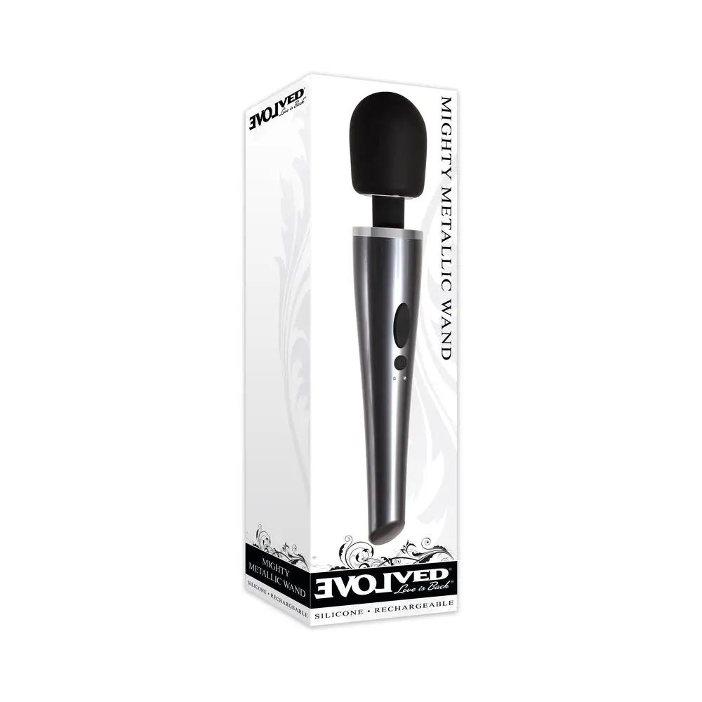 Evolved Mighty Metallic Wand Rechargeable Silicone Wand Vibrator Chrome/Black by Evolved