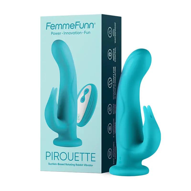 FemmeFunn Pirouette 8 in. Dual-Stimulation Rotating Vibrating Dildo Turquoise by FemmeFunn