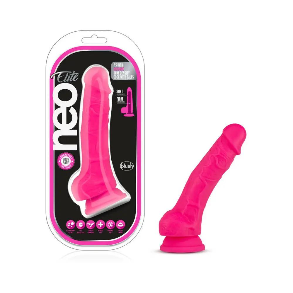 Neo Elite 7.5 in. Silicone Dual Density Dildo with Balls Neon Pink by Blush