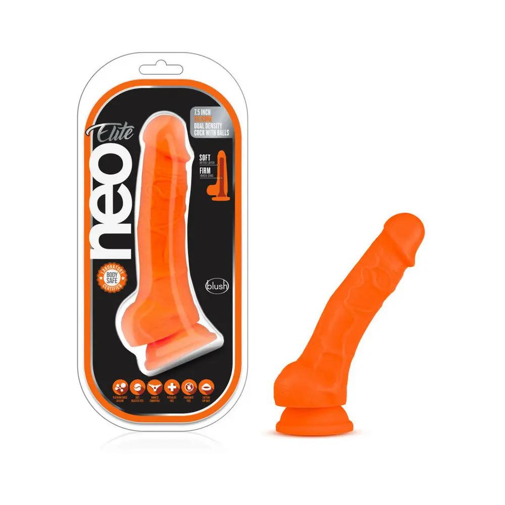 Neo Elite 7.5 in. Silicone Dual Density Dildo with Balls Neon Orange by Blush