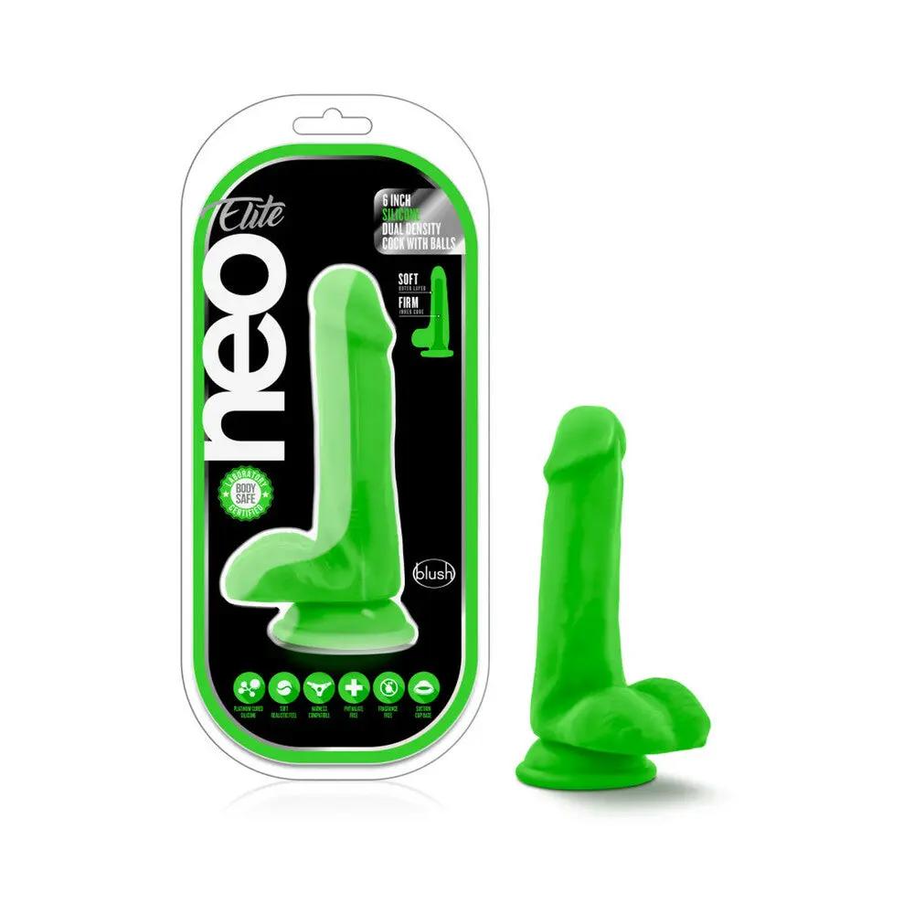 Neo Elite 6 in. Silicone Dual Density Dildo with Balls Neon Green by Blush