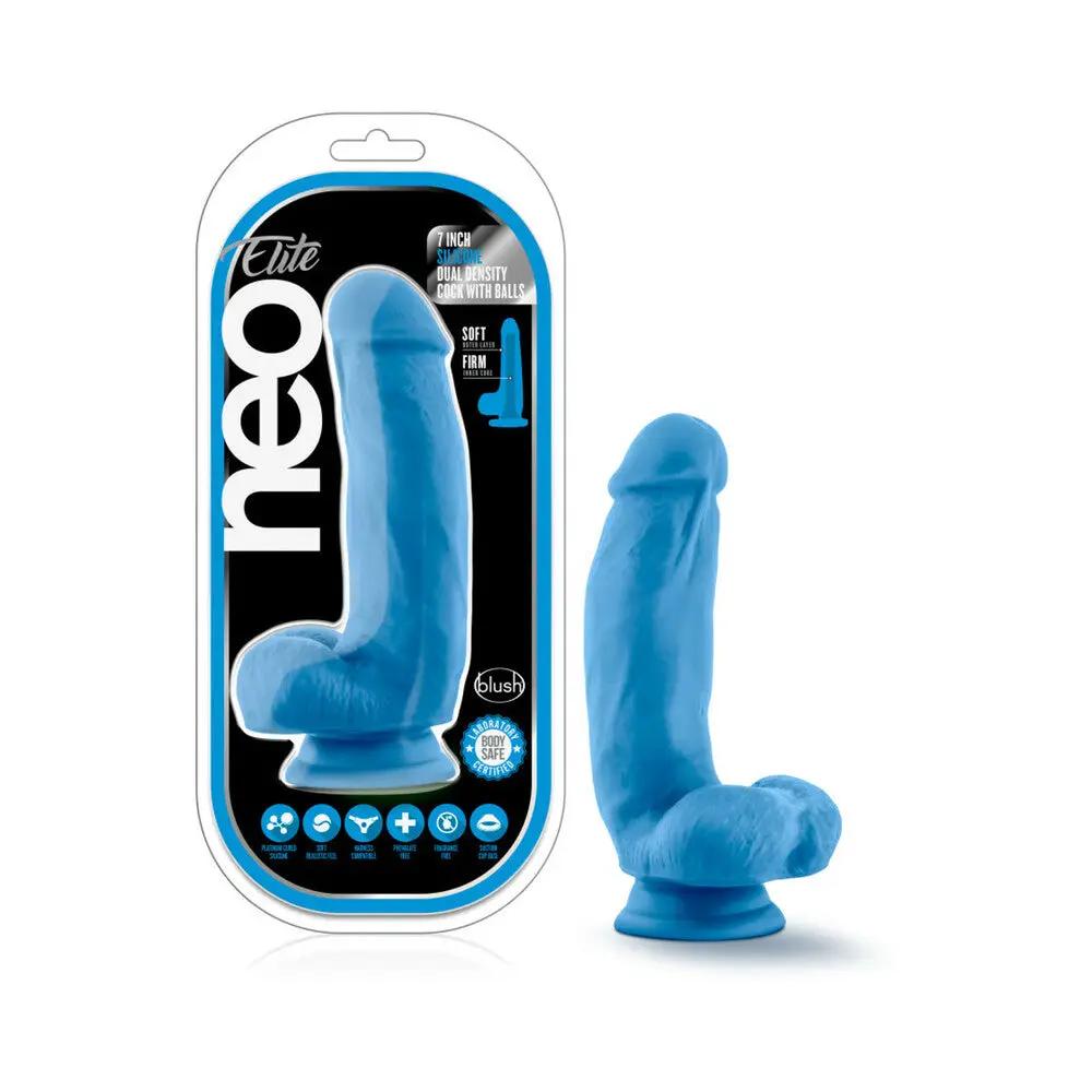 Neo Elite 7 in. Silicone Dual Density Dildo with Balls Neon Blue by Blush