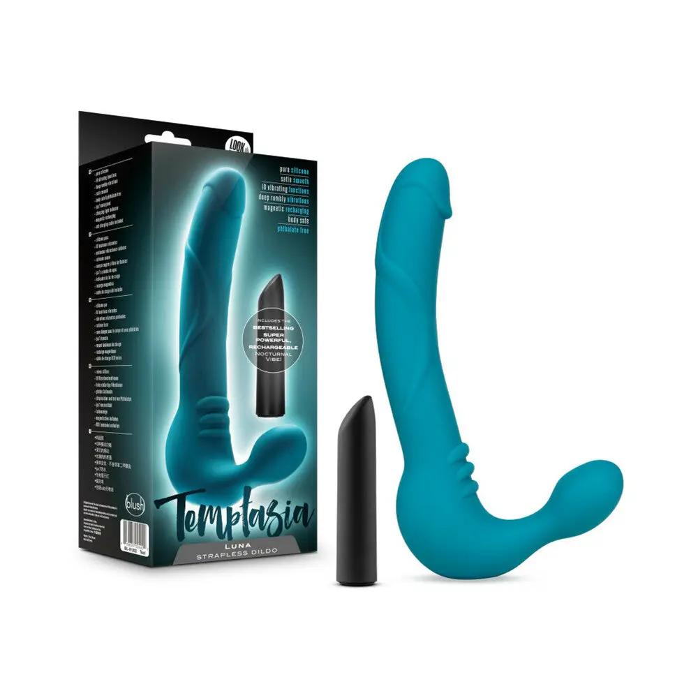 Temptasia Luna 9 in. Silicone Strapless Strap-On Dildo with Rechargeable Bullet Vibrator Teal by Blush