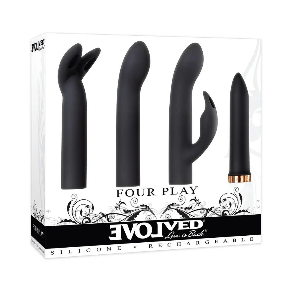 Evolved Four Play Rechargeable Silicone Bullet Vibrator and 3-Piece Sleeve Set Black by Evolved
