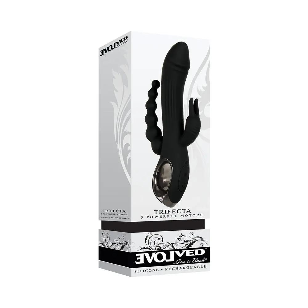 Evolved Trifecta Rechargeable Dual Entry Triple Stimulation Silicone Rabbit Vibrator Black by Evolved