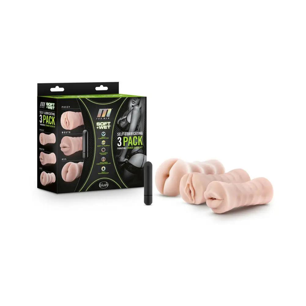 M for Men Soft + Wet Self-Lubricating 3-Pack Vibrating Stroker Sleeve Kit Beige by Blush