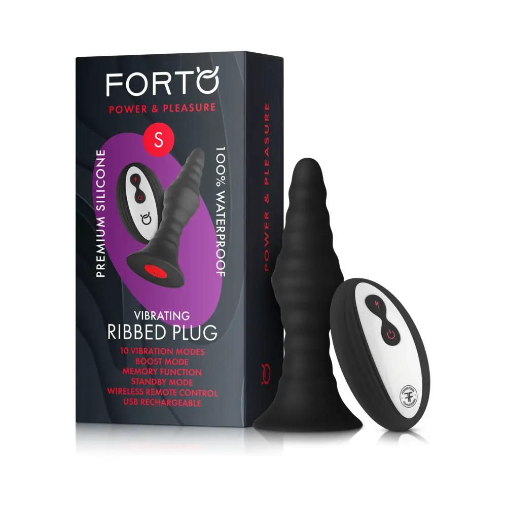 Forto Vibrating Ribbed Plug Rechargeable Remote-Controlled Silicone Anal Plug Small Black by Forto