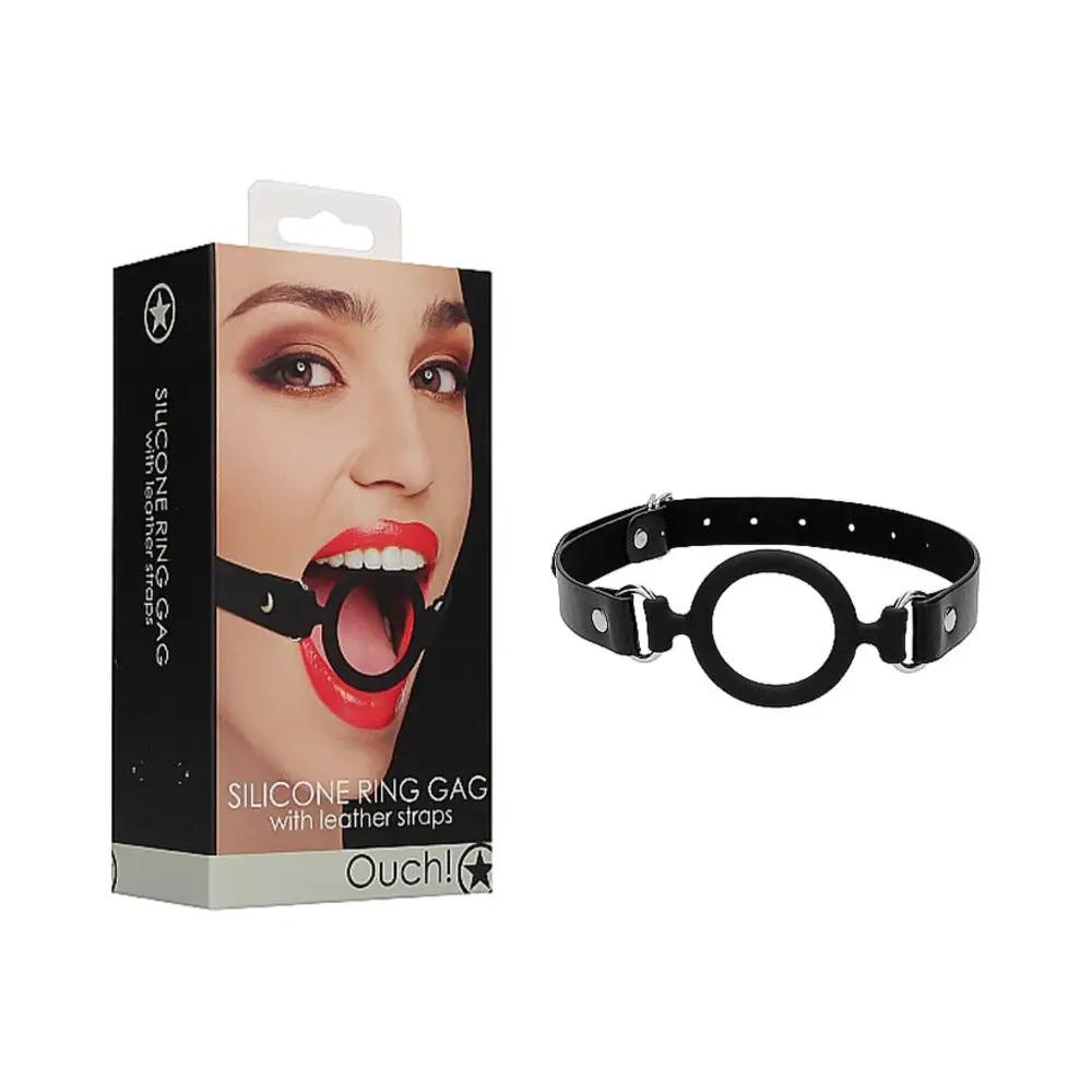 Ouch! Adjustable Silicone Ring Gag With Leather Straps Black by Shots