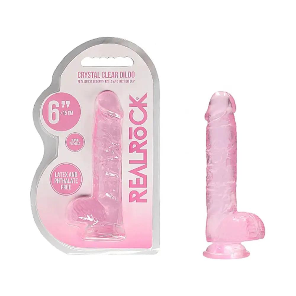 RealRock Crystal Clear Realistic 6 in. Dildo With Balls and Suction Cup Pink by Shots