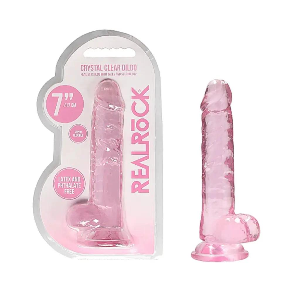 RealRock Crystal Clear Realistic 7 in. Dildo With Balls and Suction Cup Pink by Shots