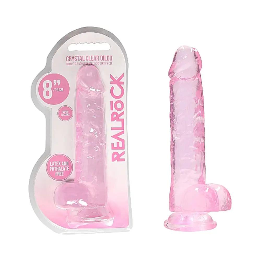 RealRock Crystal Clear Realistic 8 in. Dildo With Balls and Suction Cup Pink by Shots