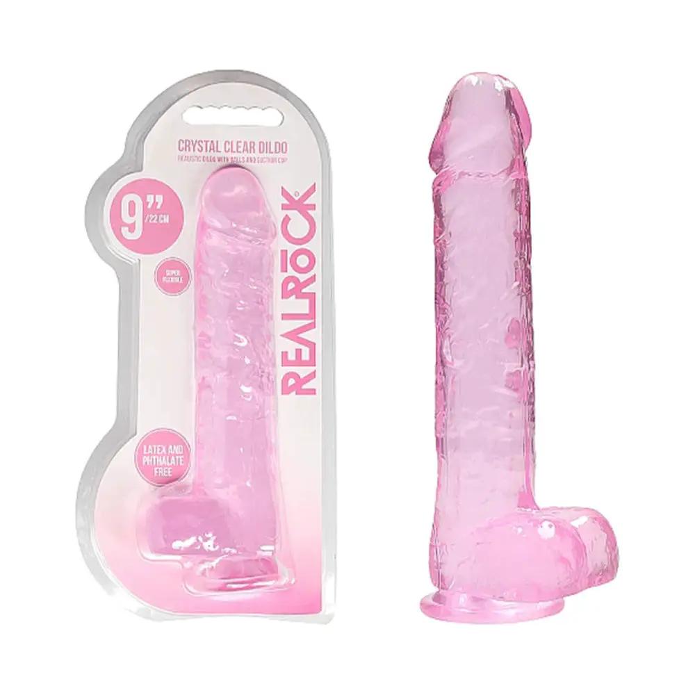 RealRock Crystal Clear Realistic 9 in. Dildo With Balls and Suction Cup Pink by Shots