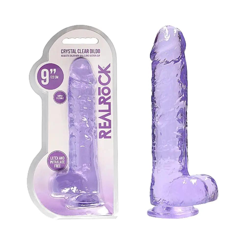 RealRock Crystal Clear Realistic 9 in. Dildo With Balls and Suction Cup Purple by Shots