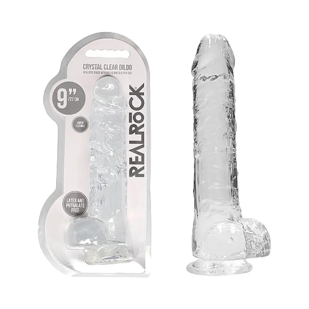 RealRock Crystal Clear Realistic 9 in. Dildo With Balls and Suction Cup Clear by Shots