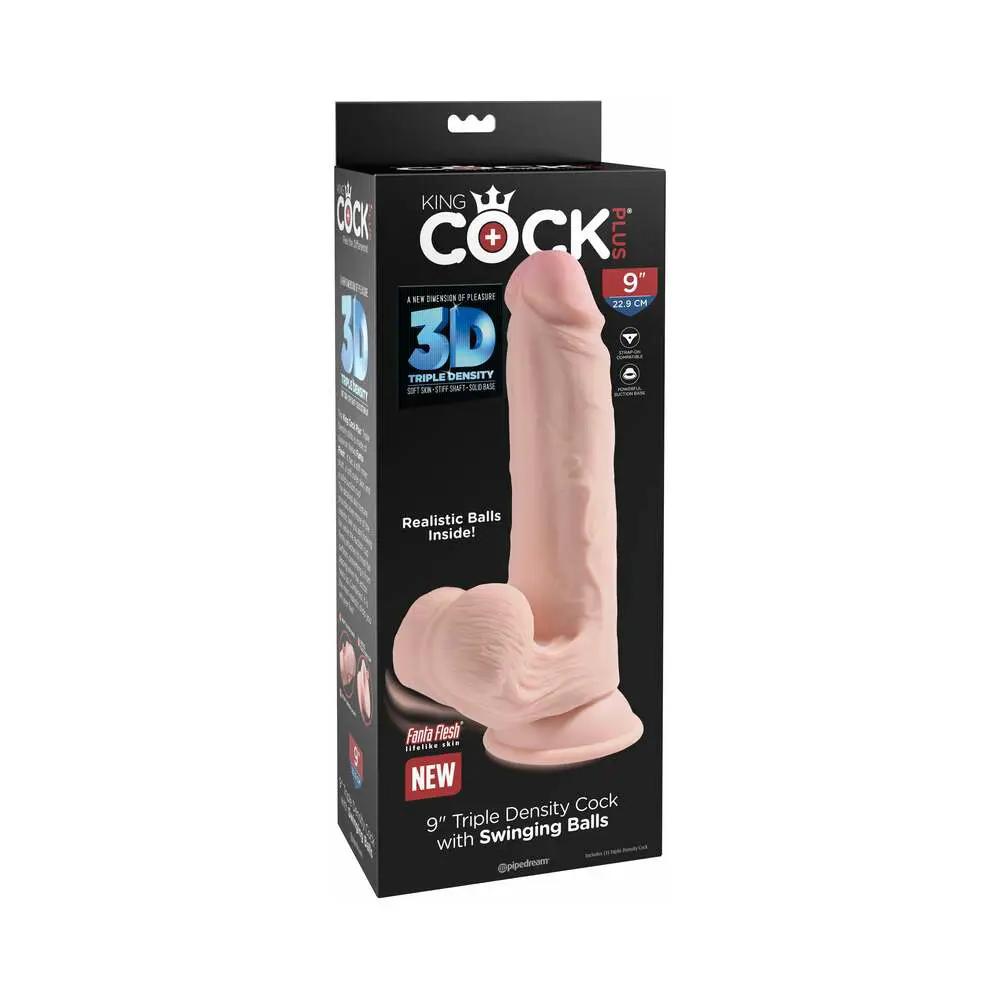 King Cock Plus 9 in. Triple-Density Cock With Swinging Balls Dildo Beige by Pipedream
