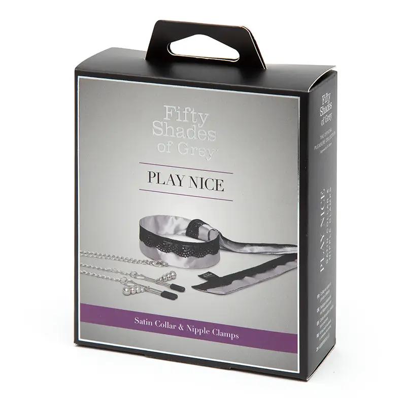 Fifty Shades of Grey Play Nice Satin Collar With Lace Trim & Adjustable Nipple Clamps Gray by Fifty Shades of Grey