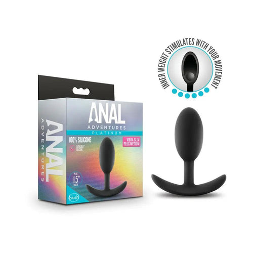 Anal Adventures Platinum Silicone Weighted Vibra Slim Plug Medium Black by Blush