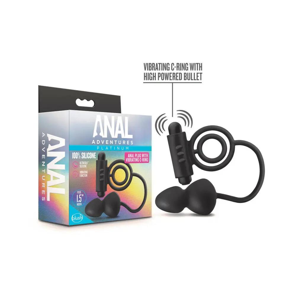 Anal Adventures Platinum Silicone Anal Plug with Vibrating C-Ring Black by Blush