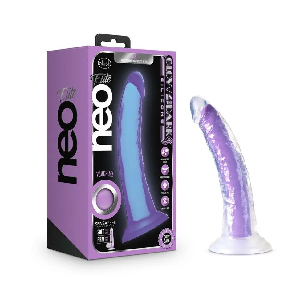 Neo Elite Glow in the Dark Light 7 in. Silicone Dual-Density Dildo Neon Purple by Blush