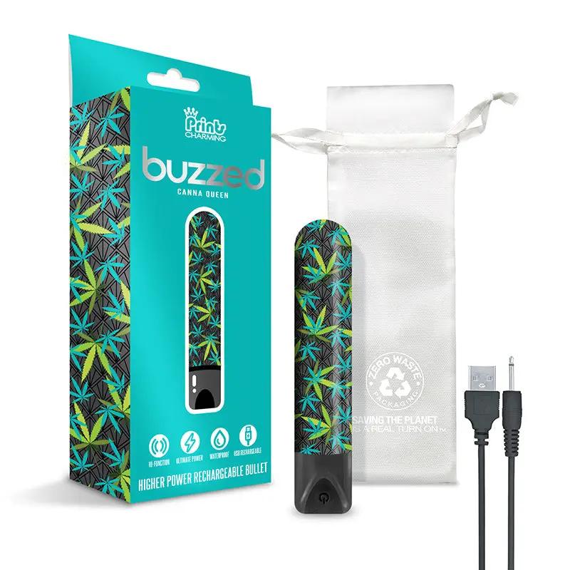 Prints Charming Buzzed Rechargeable 3.5" Bullet - Canna Queen - Black by Global Novelties