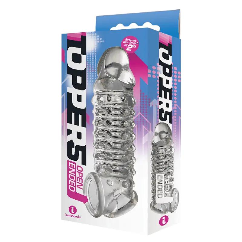 The 9's Toppers Open-Ended, Ribbed, and Nubbed Penis Extender - Clear by Icon Brands