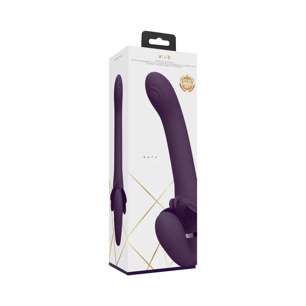 VIVE SATU Rechargeable Triple Motor Pulse-Wave Vibrating Silicone Strapless Strap-On Purple by Shots