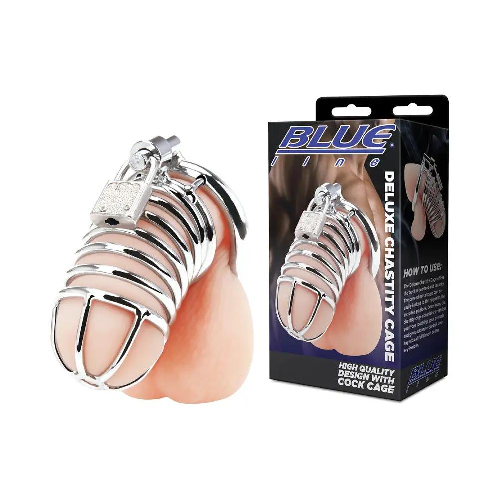 Blue Line Deluxe Chastity Cage Silver by Electric Eel