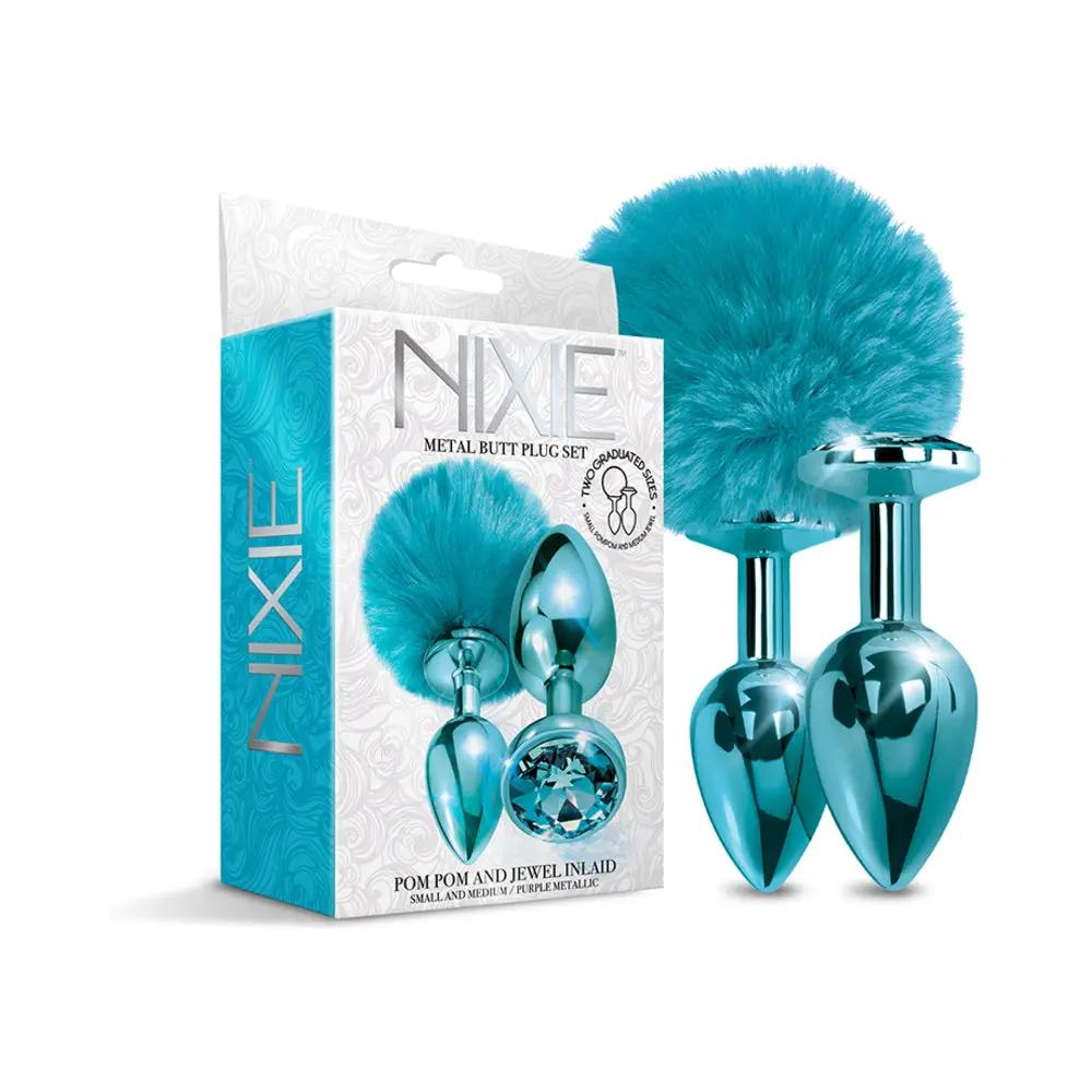 NIXIE Metal Butt Plug Set Pom Pom and Jewel-Inlaid Metallic Blue by Global Novelties
