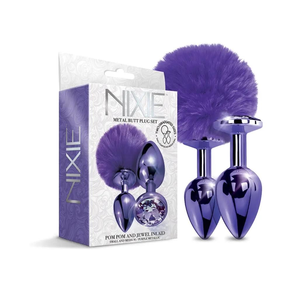 NIXIE Metal Butt Plug Set Pom Pom and Jewel-Inlaid Metallic Purple by Global Novelties