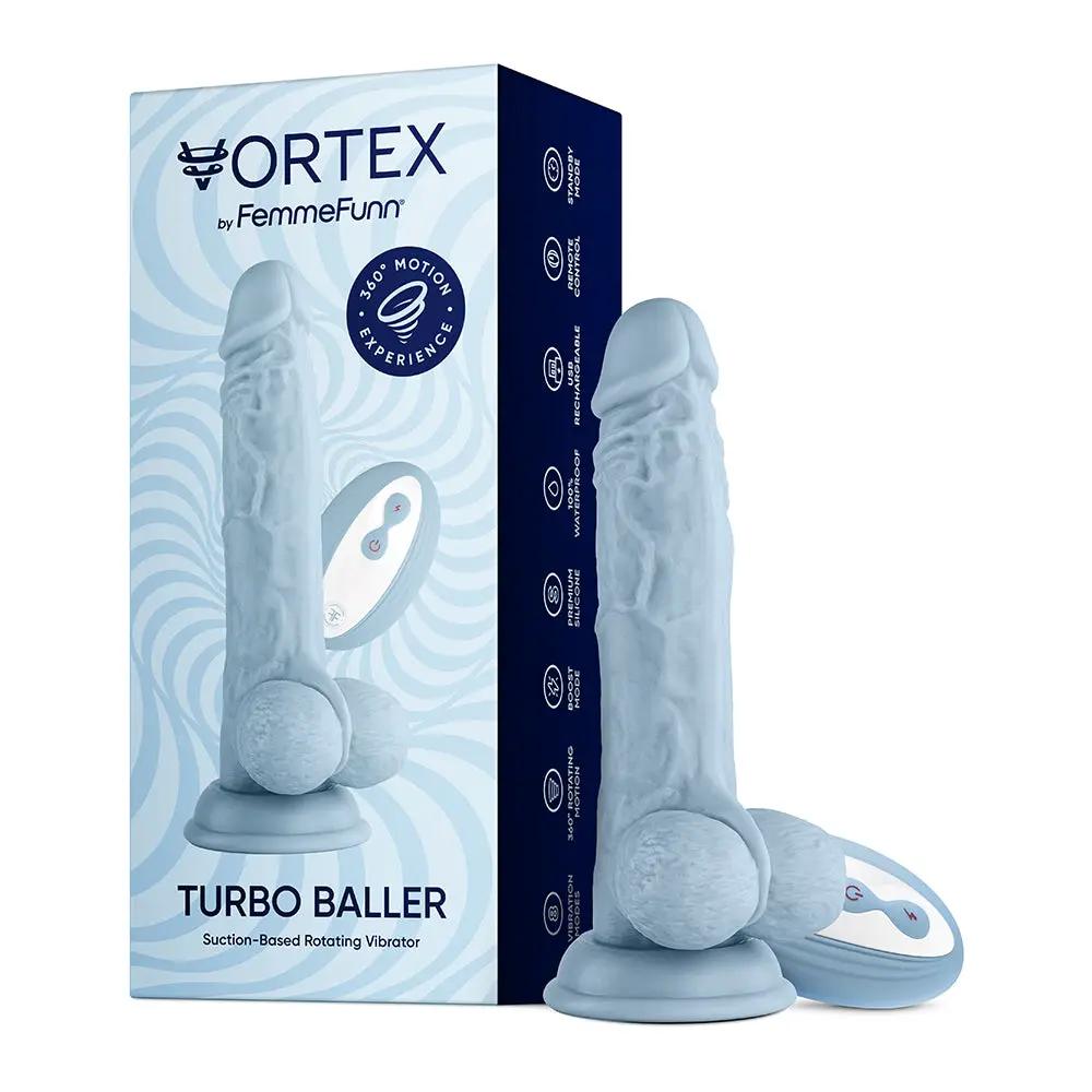 FemmeFunn Vortex Turbo Baller 2.0 8.25 in. Vibrating Rotating Dildo Light Blue by FemmeFunn