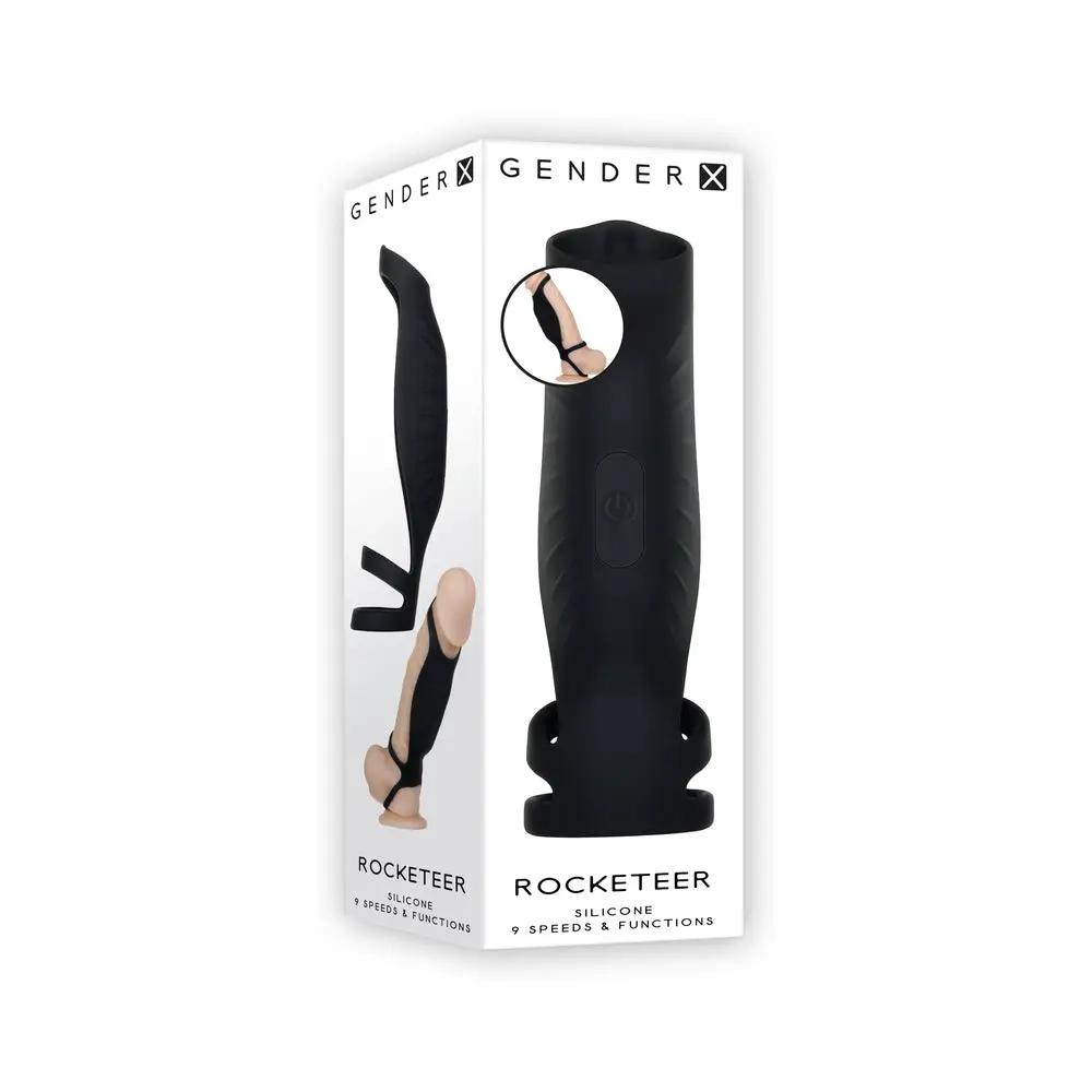 Gender X Rocketeer Rechargeable Triple-Ring Vibrating Silicone Penis Sheath Black by Gender X