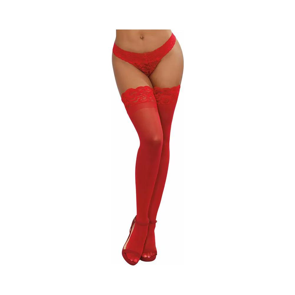 Dreamgirl Sheer Thigh-High Stockings with Silicone Lace Top Red OS by Dreamgirl