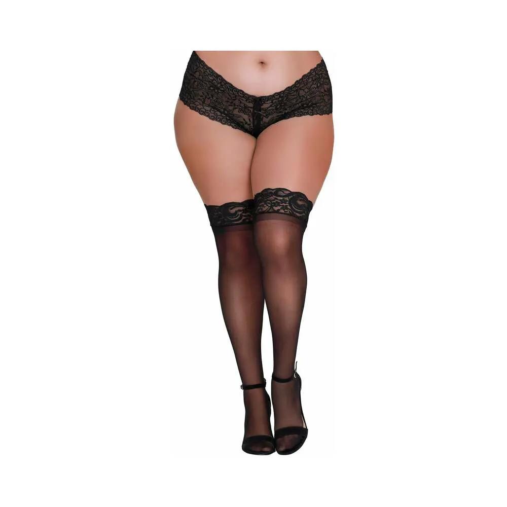 Dreamgirl Plus-Size Sheer Thigh-High Stockings With Silicone Lace Top Black Queen by Dreamgirl