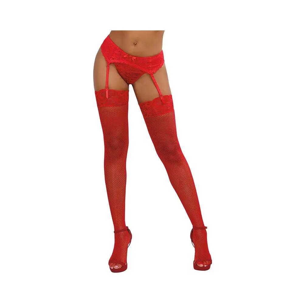 Dreamgirl Fishnet Thigh-High Stockings With Lace Top Red OS by Dreamgirl
