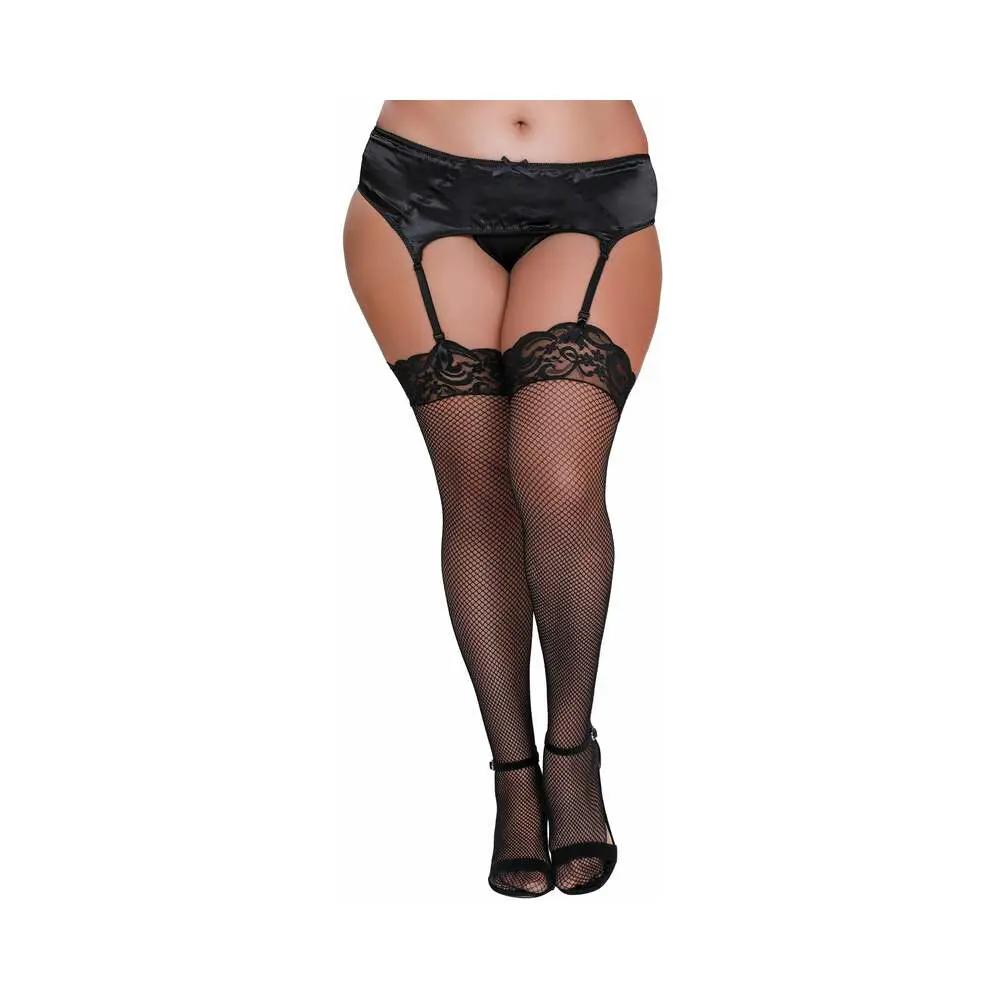 Dreamgirl Plus-Size Fishnet Thigh-High Stockings With Lace Top Black Queen by Dreamgirl